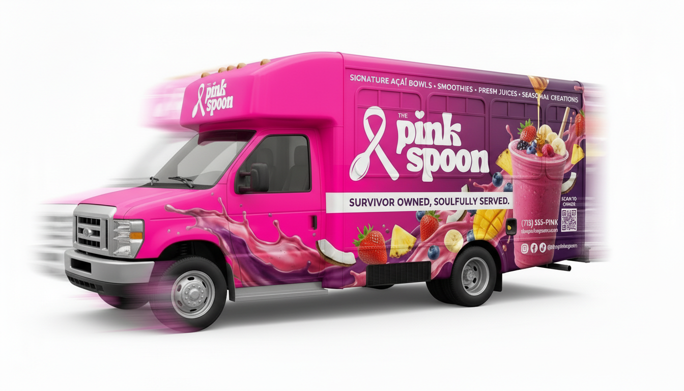 Pink Spoon truck in motion